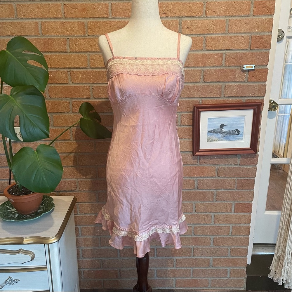 Pink Satin Lace Lingerie Style Slip Mini Dress Size Small